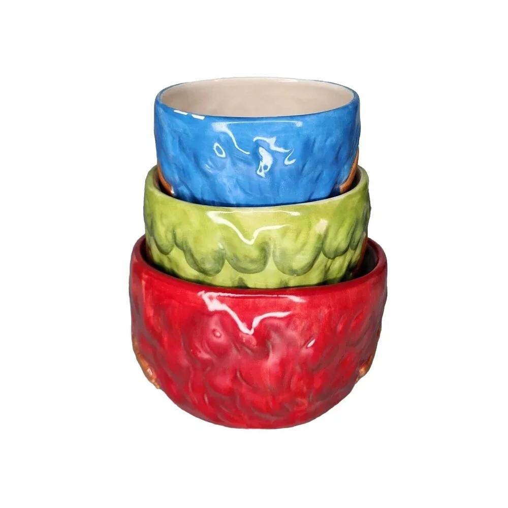 Set Of 3 Laurie Furnell Painted Ceramic Owl Bird Measuring Cups Nesting Colorful